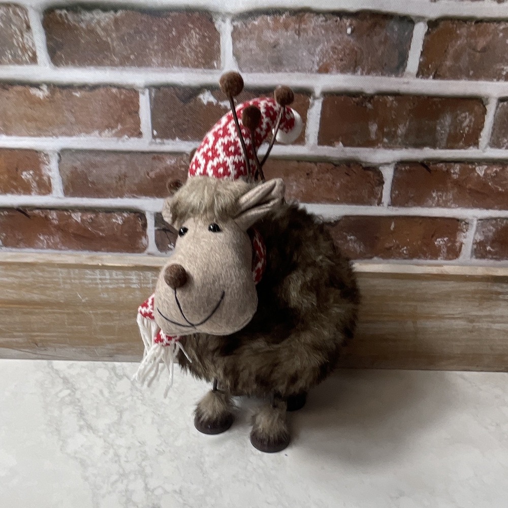 Reindeer Christmas Figurine Brown Faux Fur Fabric Freestanding 11in Tall